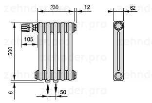 Схема (чертеж) Радиатор Zehnder Charleston 2050/5 №V007 Белый глянцевый RAL 9016